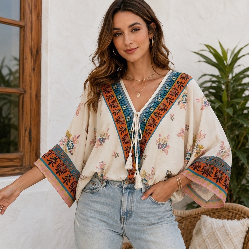 Flying Tomato Kimono Sleeve Top Large Tassel Tie Floral Boho Festival Hippie